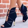 Zapatos de tacón alto de aguja con clase, zapatos de diseñador con punta abierta, zapatos de vestir de gamuza negra, zapatos de fiesta con nudo de 10 CM