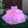 핑크 페르시 볼 가운 꽃의 소녀 드레스 웨딩 계층 유아 선발 대회 가운 쉬어 BATEAU 목 얇은 명주 그물 3D Appliqued 키즈 댄스 파티 드레스