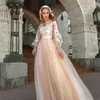 Champagne élégant tulle a-ligne robes de mariée 2020 manches lanterne dentelle appliques Bohomia robes de mariée de mariage robe de novia BM1629