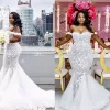 Robes de mariée sirène 2019 modeste, plus la taille de l'épaule trompette robes de mariée balayage train tulle dentelle robe de mariée africaine sur mesure