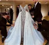 Aftonklänning yousef aljasmi kvinnor klär kim kardashian v-ringning med tåg spets vita applikationer lång satin veck