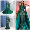Ayrılabilir Tren Abaya Kaftan Dubai Müslüman Örgün Gelinlik 2019 elbise de suare ile Zümrüt Yeşil Uzun Kollu Denizkızı Abiye