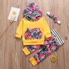 Conjunto de ropa Floral para niña recién nacida, Tops con capucha amarillos bonitos, pantalones con estampado de flores, diadema, trajes de ropa infantil de 3 uds.