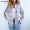 vintage fioletowe kratowy płaszcz z płaszczem kurtki kratą wełniana koszula jack kobiet 2020 Spring Shirt Jacket Oversized Plus Size Women