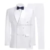 Hoge kwaliteit dubbel-breasted witte bruidegom smoking shawl revers groomsmen heren past bruiloft / prom / diner blazer (jas + broek + stropdas) K367