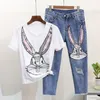 Korte Mouw T-shirt Tops Gat Denim broek Mode Vrouwen Set Diamant Pailletten Cartoon 2 Stuks Vrouwelijke Jeans Pakken