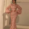 Funkelnde Meerjungfrau Spitze Arabische Abendkleider High Neck Lange Ärmel Dubai Prom Kleider Bodenlangen Pailletten Abendkleid