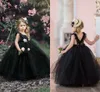 2021 Noir Puffy Tulle Princesse Petite Fille Pageant Robes De Bal Bretelles Spaghetti Dos Nu Fleur Fille Robes De Noce Robes AL4602