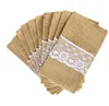 Burlap bestickshållare Vintage Shabby Chic Jute Lace Porslin Väska Packaging Fork Kniv Pocket Party Decoration Gratis DHL