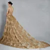 분리 가능한 열차와 화려한 인어 웨딩 드레스 스위트 넥 레이스 아플리케 스윕 기차 Tulle Gold Chapel Bridal Gowns B2