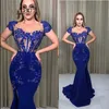 Royal Blue See Through Afton Dresses Mermaid Appliques Split Illusion Islamic Dubai Saudiarabisk Lång Elegant Evening Gown Prom Dress