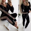 Mode casual 2pcs kvinnor leopard lång seleeeve hoodies sport byxor spår sweatshirt sweat kostym jogging