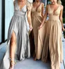 Sexy Long Gold Bridesmaid Dresses Deep V Neck Empire Split Side Floor Length Champagne Beach Boho Wedding Guest Dresses