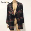 Vintage Dupla Breasted Casacos Desgastados Verificados Tweed Blazers Casaco Mulheres Bolsos Blazer Manta Senhoras Outerwear Casual Casaco Femme