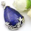 Luckyshien New Handmade Natural Lapis Lazuli Pendantsヴィンテージシルバーエレガントプラムフラワーペンダントネックレスジュエリー女性用ペンダン271J