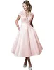 2023 V-neck krótka suknia ślubna szata De Mariage aplikacje koronkowa długość herbaty Illusion suknia ślubna Vestido De Novia