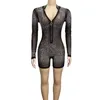 Women's Sexy Sequined Mesh Rhinestone Hollowed See-through Tight Bodycon Jumpsuit Long-Sleeved Zipper V Neck For Clubwear Party1