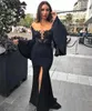 Neue schwarze Meerjungfrau Abendkleid Abschlussballkleider Langarm Satin Applique High Split Deep V-Ausschnitt Sweep formelle Kleiderparty Kleidung