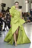 2020 Green Evening Dresses One-shoulder High-split Satin Hot Sell Prom Dress Cheap Sash Ruched Sweep Train Custom Made Party Gown