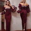 2020 Crimson Mermaid Evening Dresses Sweetheart Långärmade Lace Appliqued Beaded Prom Gown Sexig Backless Custom Gjorda Party Gown