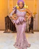 Arabe Aso Ebi Robes De Soirée De Sirène Élégantes Sheer 3/4 Manches Longues Applique Dentelle Peplum Perles Longueur De Plancher Plus La Taille Robes De Bal