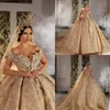 Luxury Dubai Champagne Wedding Dresses Off Shoulder Lace 3D Floral Appliques Ball Gown Empire Wedding Dress Plus Size Robe De Mariee