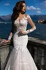 2022 Abiti da sposa a sirena in pizzo Sheer Maniche lunghe Applique Visto attraverso la schiena Plus Size Abiti da sposa da sposa con bottoni BA8521