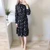 Chiffon High Elastic Waist Party Dress Bow A-line Women Full Sleeve Flower Print Floral Bohemian Dress Female Vestido Plus Size