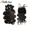 Paquetes de cabello humano virgen brasileño con cierres Tramas de cabello de 4 piezas Agregue 1 pieza Cierre de encaje Extensiones de ondas corporales 4x4 5 piezas Bellahair