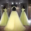 Yellow Quinceanera Suknie Sweet 15 Suknia Balowa Koronki Tulle Koraliki Cekiny Spaghetti Paski Backless Debiutante Suknie Vestidos DE 15