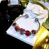 Red Love Charm Open Bracelet for Pandora 925 Sterling Silver Set CZ Diamond DIY Beaded Bracelet with Box206U