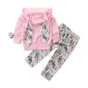 Roupa bonito do bebé Rabbit Ears com capuz Top + Floral Pant + alça 3pcs / set Outono Inverno Terno INS recém-nascido Roupa Define 2colors