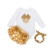 Macacão infantil de algodão com babados dourados, shorts para bebês meninas de 0 a 24 meses, conjuntos de roupas, calças, sapatos, bandana