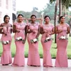 Zuid-Afrikaanse Nigeriaanse Meisjes Roze Mermaid Bruidsmeisjes Jurken Sheer Hals Applicaties Vloerlengte Maid of Honour Jurken Plus Size BM0614