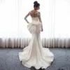 New Luxury Mermaid Wedding Dresses Sheer Neck Long Sleeves Illusion Full Lace Applique Bow Overskirts Button Back Chapel Train Bri8513187