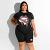 Plus size 3X 4X 5X Summer women bigger size two piece set designer black jogger suit short sleeve T-shirt+shorts casual print tracksuit 3291