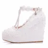 Sweetness Lace Flower Lady Bridesmaid Shoes Pearl T-straps Wedge Heel Wedding Party Shoes White Color Buckle Straps Pumps