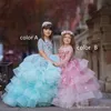 Colorful Princess Ball Gown Pageant Dresses Tulle Layered Ruffles Sheer Crew Neck 1/2 Sleeves Long Formal Flower Girl Dress For Kids