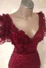 Luxe rouge foncé arabe dentelle sirène robes de soirée 2019 manches courtes col en V perlé perles longues robes de soirée robes de bal BC0955