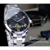 Forsining Classic Men Tourbillon Mechanical Watch Mode marque Black Moonphase Business Steel Band Automatic Clock Reloj Hombre222Q