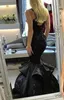 Sexy Stunning Black Long Evening Dresses Beaded Appliqued Cascading Ruffled Mermaid Court Train Backless Formal Party Prom Gowns