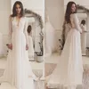 Lange mouwen Boho strand trouwjurken sexy diepe v-hals kant chiffon backless sweep trein bohomian tuin bruiloft bruidsjurk plus size