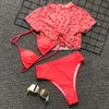 Sexy High Waist Red Swimwear Women Swimsuits Ladies Cropped Three Pieces Bikini Set Printing Bathing Suit