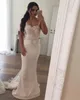2020 Champagne sjöjungfru brudtärna klänningar för bröllop Satin Spaghetti Straps Lace 3D Appliques Plus Size Long Formal Maid of Honor Gowns