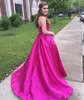 Fuchsia Strapless Prom A Linha Vestidos de cetim Vestidos Lace Up Corset Festa Formal vestido sem mangas Backless