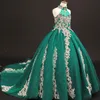 Vestidos del desfile de las muchachas verdes de la vendimia Cuello alto con un aplique de tren largo Vestido de niña de las flores de cristal con cuentas para la boda Fiesta de los niños vetement