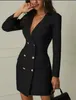 Womens Office Lady Arbetsklänning Vår Höst V-Neck Dubbelbröst Blazer Klänningar Vit Svart