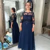 Plus Size Navy Blue Matki Bride Sukienek 2020 z rękawami Koronką Patrz Choć Powrót Szyfonowy Wieczór Elegancka Formalna Suknia Damskie Suknie