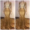 Złote Cekiny Długie Rękawy Mermaid Prom Dresses 2020 V Neck Aplikacja Długie Formalne Suknie Wieczorowe Graduation Party Dresses BC3988