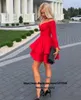 Red A-Line Short Prom Dresses Off Shoulder Tiered Ruffles Satin Long Sleeves Formal Homecoming Dresses Mini Little Party Gowns Graduation